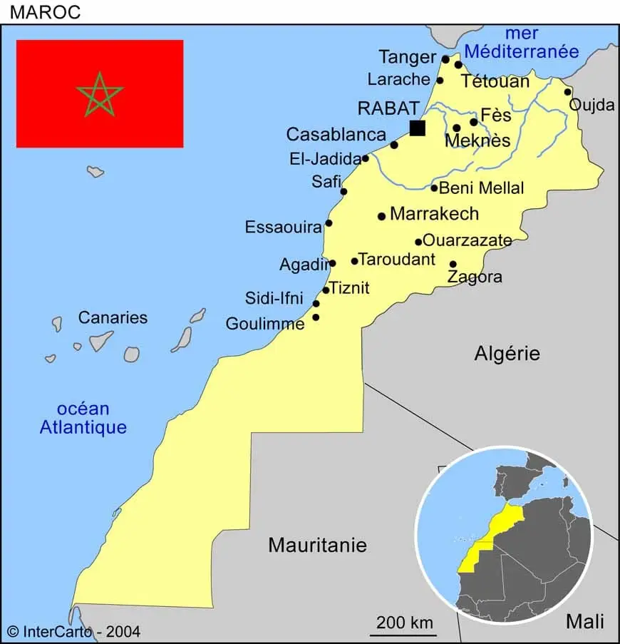 Map of Morocco showing major tourist regions and destinations